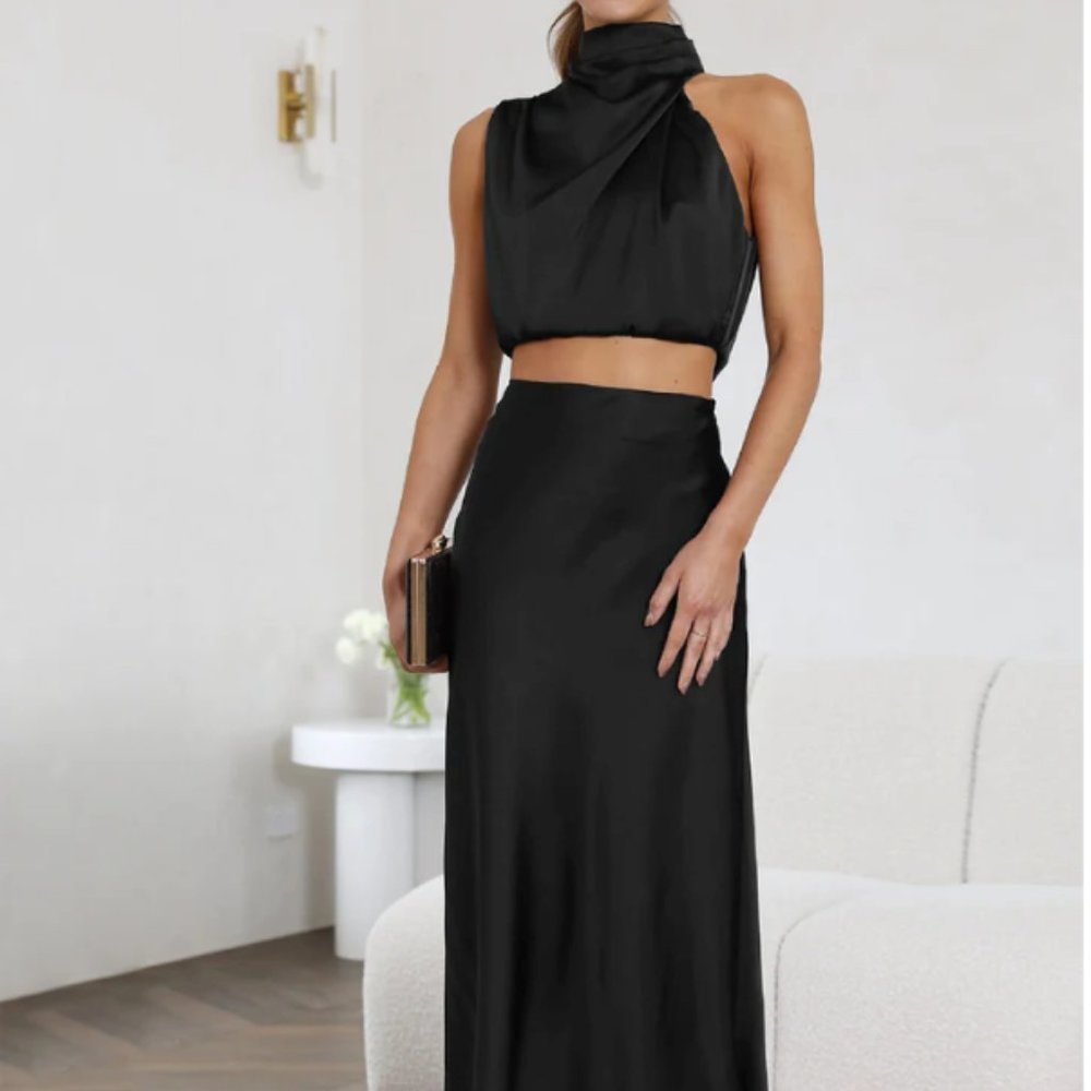 Satin Halter Ruched Two Piece Skirt Set